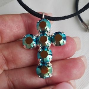 Swarovski Elements Iridescent Green Cross Choker Necklace on Black Suede NEW